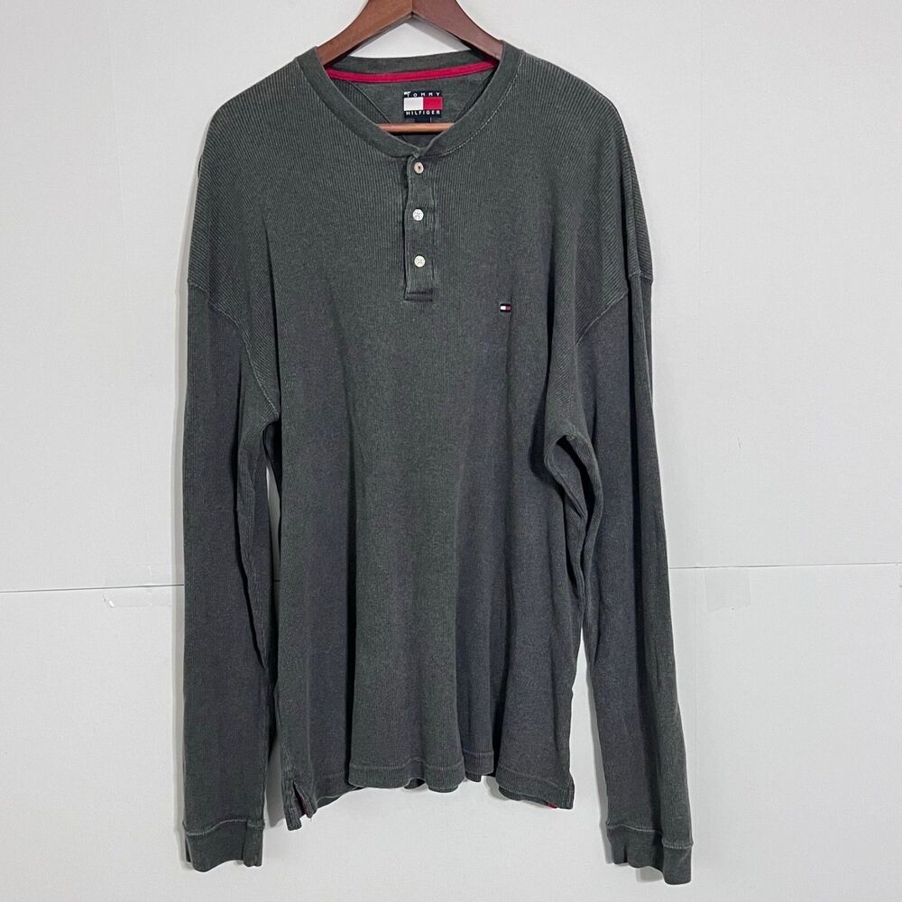 Vintage Tommy Hilfiger Mens Henley Ribbed Sweater Size 2XL Grey Embroidered